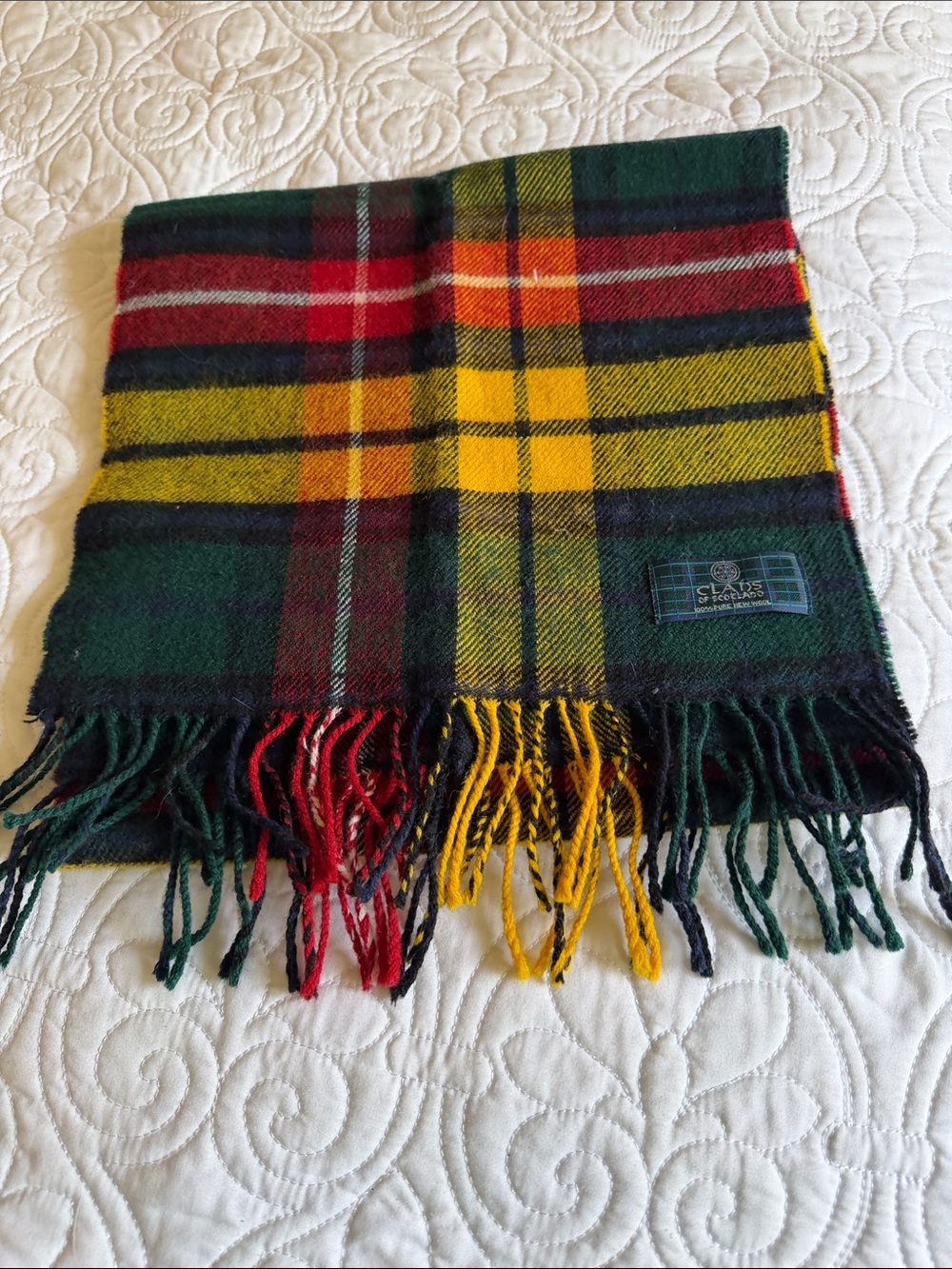 Clans of Scotland classic Tartan Wool Scarf in Green, Yellow & Red -